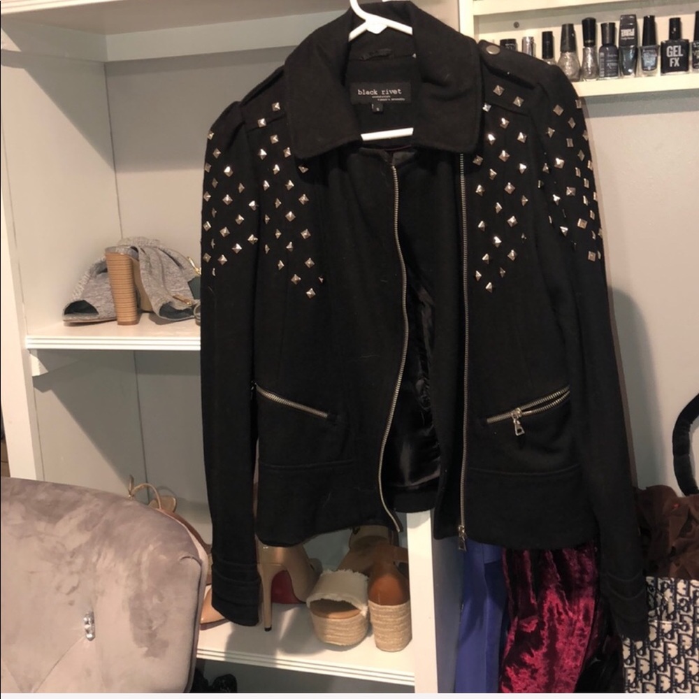 Black rivet studded wool coat
